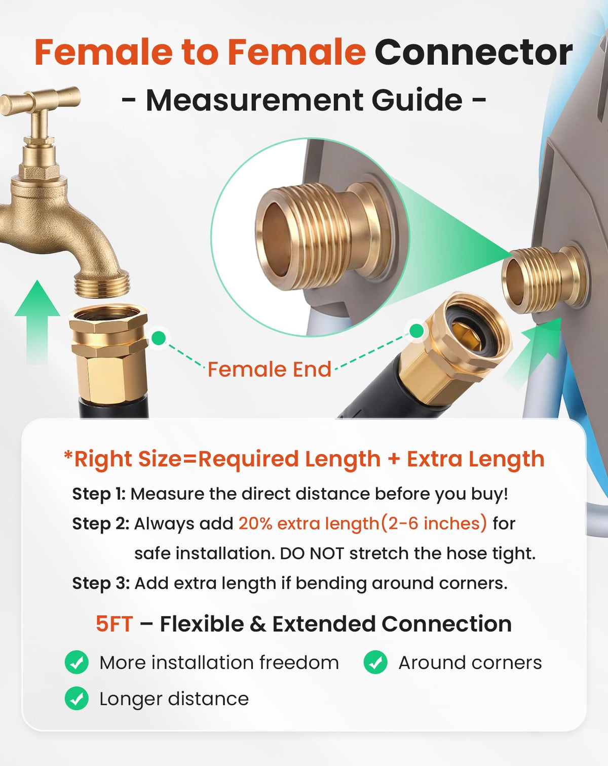 Cesun Short Garden Hose 5 ft with Female to Female Connector, Small Metal Leader Hose, Drinking Water Hose, Flexible, Lightweight Stainless Steel Water Pipe for RV, Outdoor, Yard, 5ft x 5/8"
