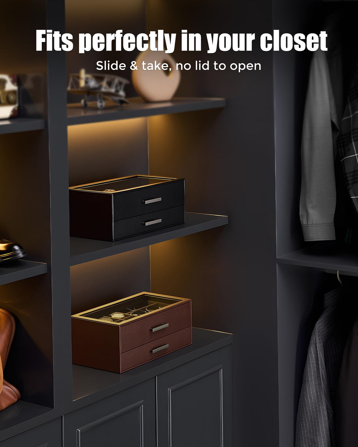 ProCase Mens Jewelry Box Pull-Out Drawer, 6 Slot Watch Case & 5 Slot Sunglasses Organizer, Fathers Day Gift for Dad, 2-Tier Leather Watch Box with Glass Display Top, Gift for Men & Women-Espresso