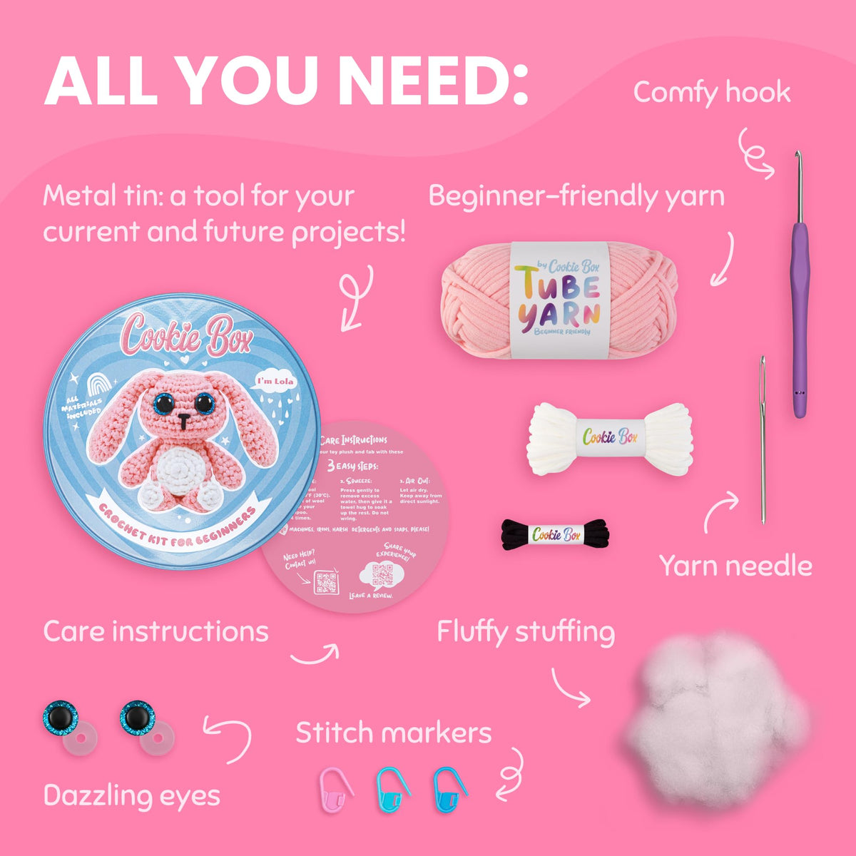 Cookie Box Original Crochet Kit for Beginners – Gift Set to Make Bunny Lola Amigurumi Plushie – Easy DIY Crochet & Knitting Starter Kit with Video and PDF Tutorials