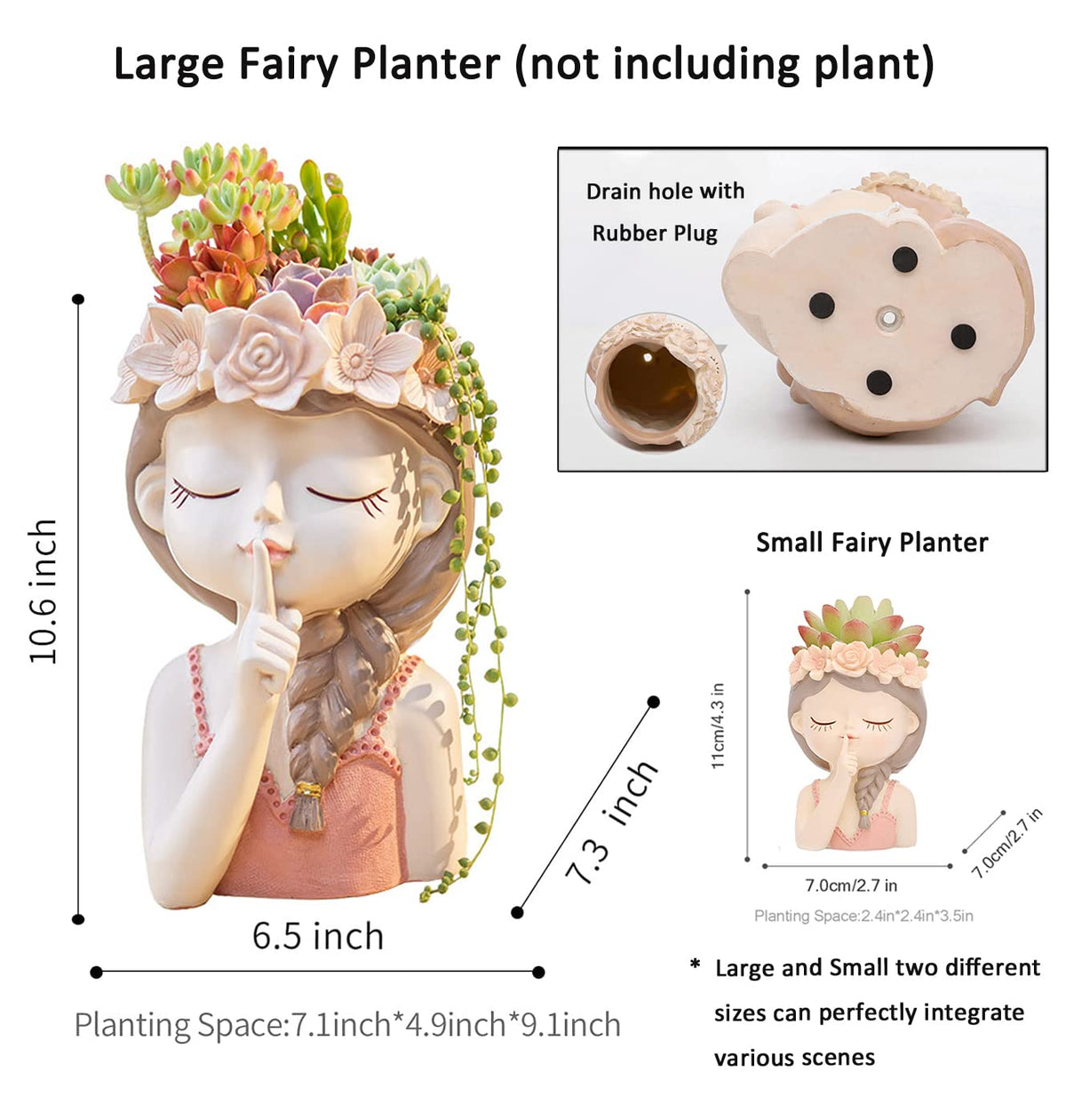 Snowy sunday Girl face planters -Tranquility 2pack Cute Big Succulent Pot with Drainage Hole Tall Lady Head Planter Resin Flower Pot Decorative vase for Indoor/Outdoor Plants Gifts for mom/Aunt/Lover