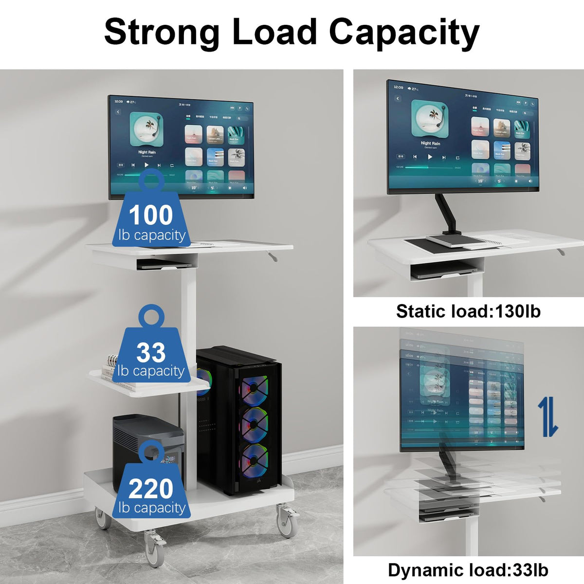 Natwind Mobile Workstation Cart with Monitor Mount,Height Adjustable Rolling Computer Cart, Heavy-Duty Rolling Standing Desk with CPU Holder for Home Office, School,Warehouse, Medical, Workshop