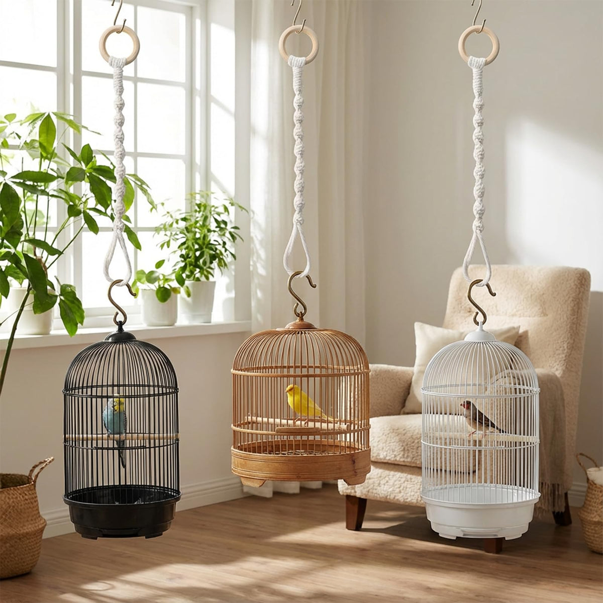 Qulkws 3 Pcs Adjustable Macrame Plant Hanger Extenders with Wooden Ring Handmade Woven Hanging Basket Extension Connectable Rope Hanging Plant Extender for Outdoor Indoor Plants Pot Holder Home Decor