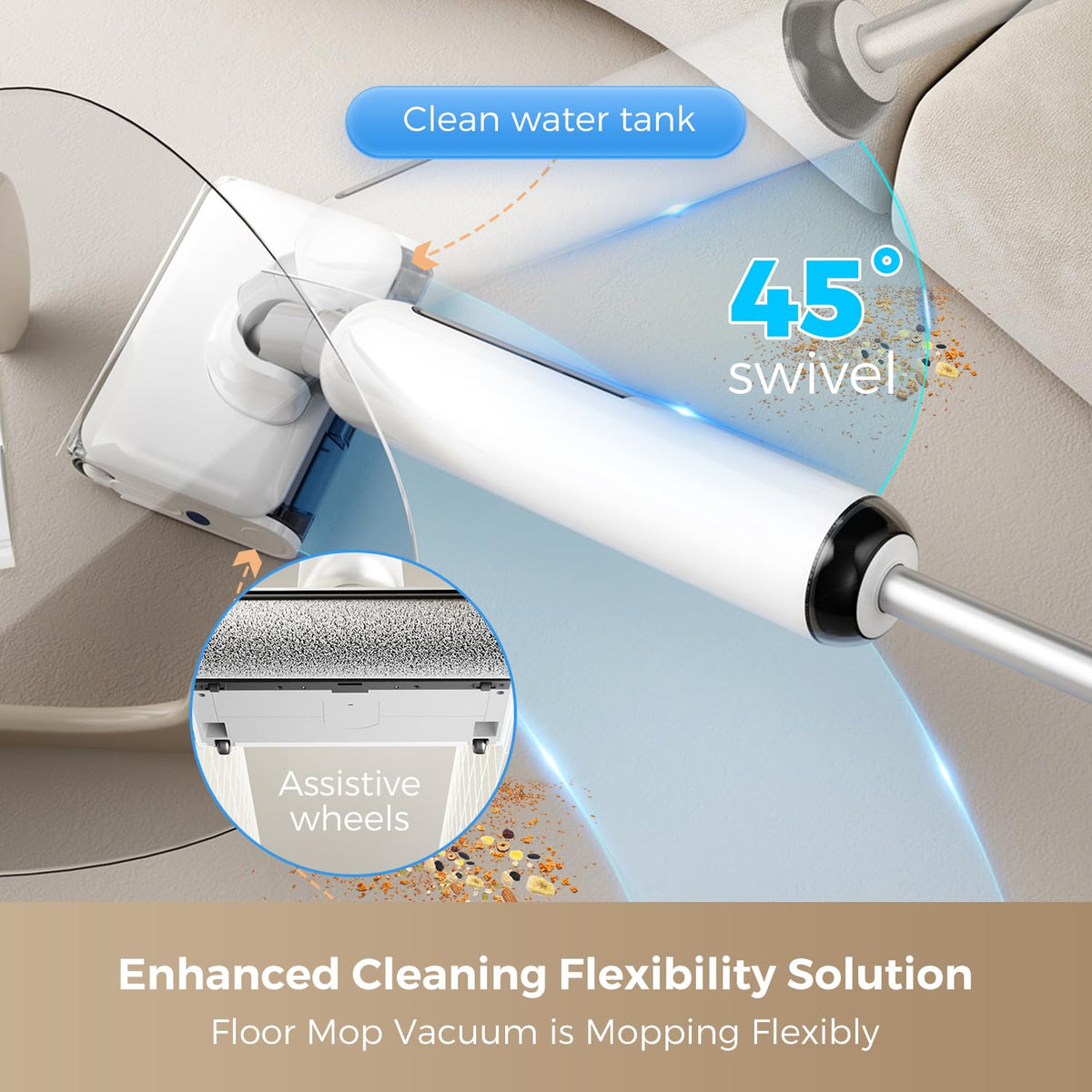 HABIUBIU Wet Dry Vacuum Cleaner, 23KPa Vacuum and Mop Combo, 180° Lay-Flat Design with Edge Cleaning, Self-Cleaning Vacuum Mop for Hard Floors, Up to 35 Min Runtime, LED Display & Voice Prompts