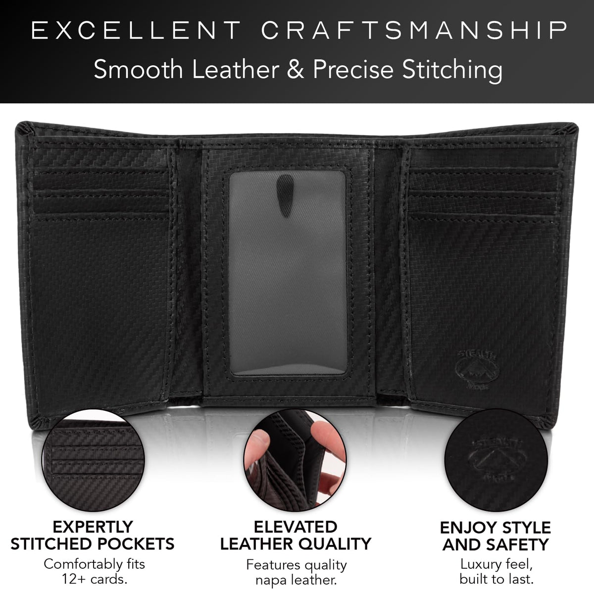 Stealth Mode Trifold Leather Wallet for Men with RFID Blocking (Carbon Fiber)
