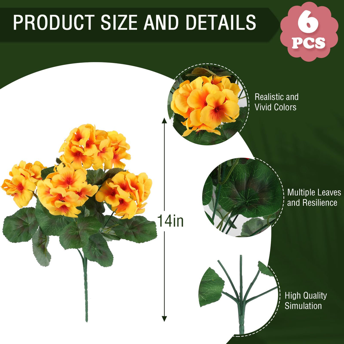 Hananona Artificial Geranium Flowers for Outdoors Geranium Silk Flowers Outdoor UV Resistant Garden Plants Faux Flowers for Home Kitchen Table Centerpieces Decor (6, Yellow)