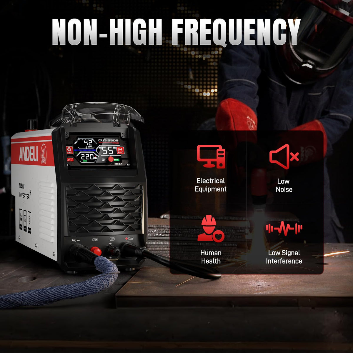 ANDELI Plasma Cutter 55A,Non-HF Non-Touch Pilot Arc，1'' Max Cut, 4-in-1 Plate Cutting/Grid Cutting/Gouging/Marking，Upgraded LED Display,Post Flow/2T/4T,110/220V IGBT Inverter for Home, Workshop