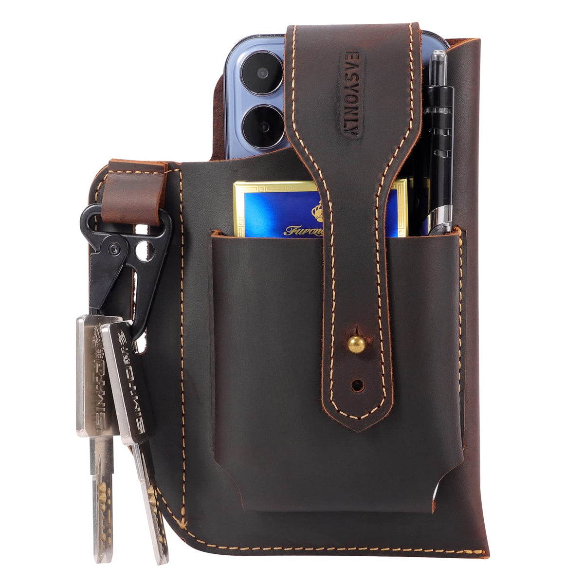 Genuine Leather Phone Holster,Universal Cell Phone Case with Snap Closure & Belt Clip, Leather Pouch for iPhone 16/15/14 Pro Max & Samsung Galaxy S24/S23 Ultra,Universal Belt Pouch for Men with Case