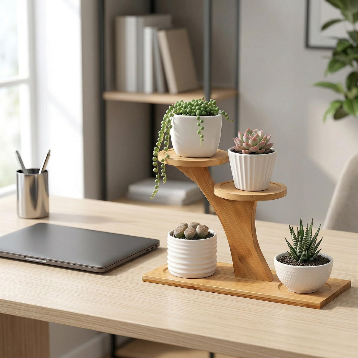 DCAEKUX Bamboo Plant Stand, 3 Tier Window Sill Plant Shelf, Desktop Small Indoor Plant Stand, Bamboo Table Top Plant Shelf for Succulent Herb, Perfect for Window Sill, Living Room, Home Office, Patio Balcony Decor & Gift