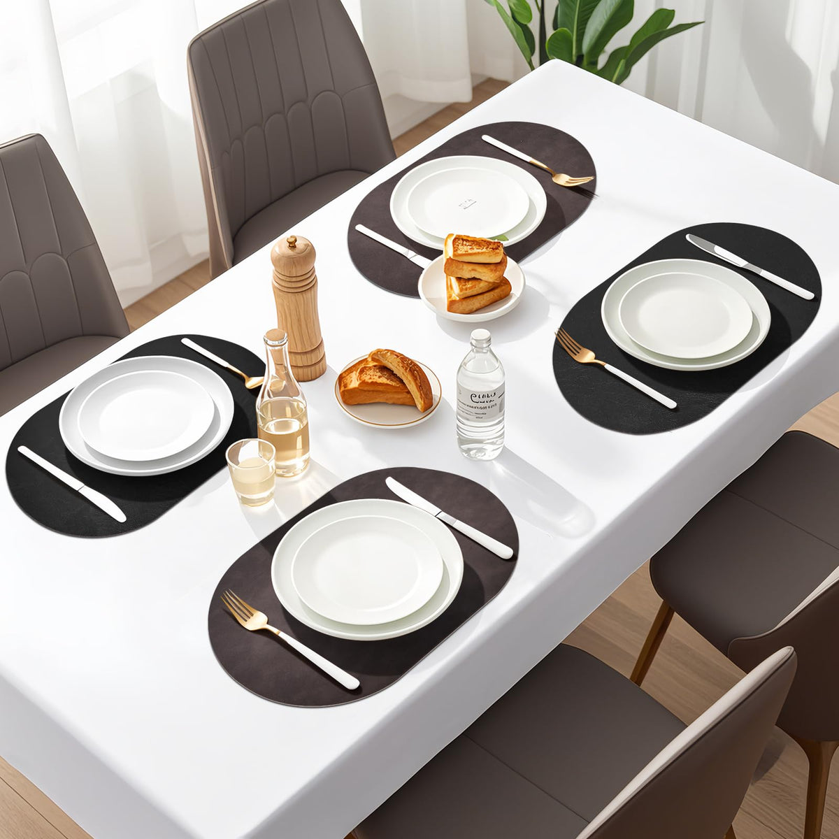 Oval Placemats Set of 6, Faux Leather Place Mats for Dining Table Dual Sided Placemats Heat Resistant Washable Wipeable Table Mats for Indoor Outdoor, Dark Brown/Black