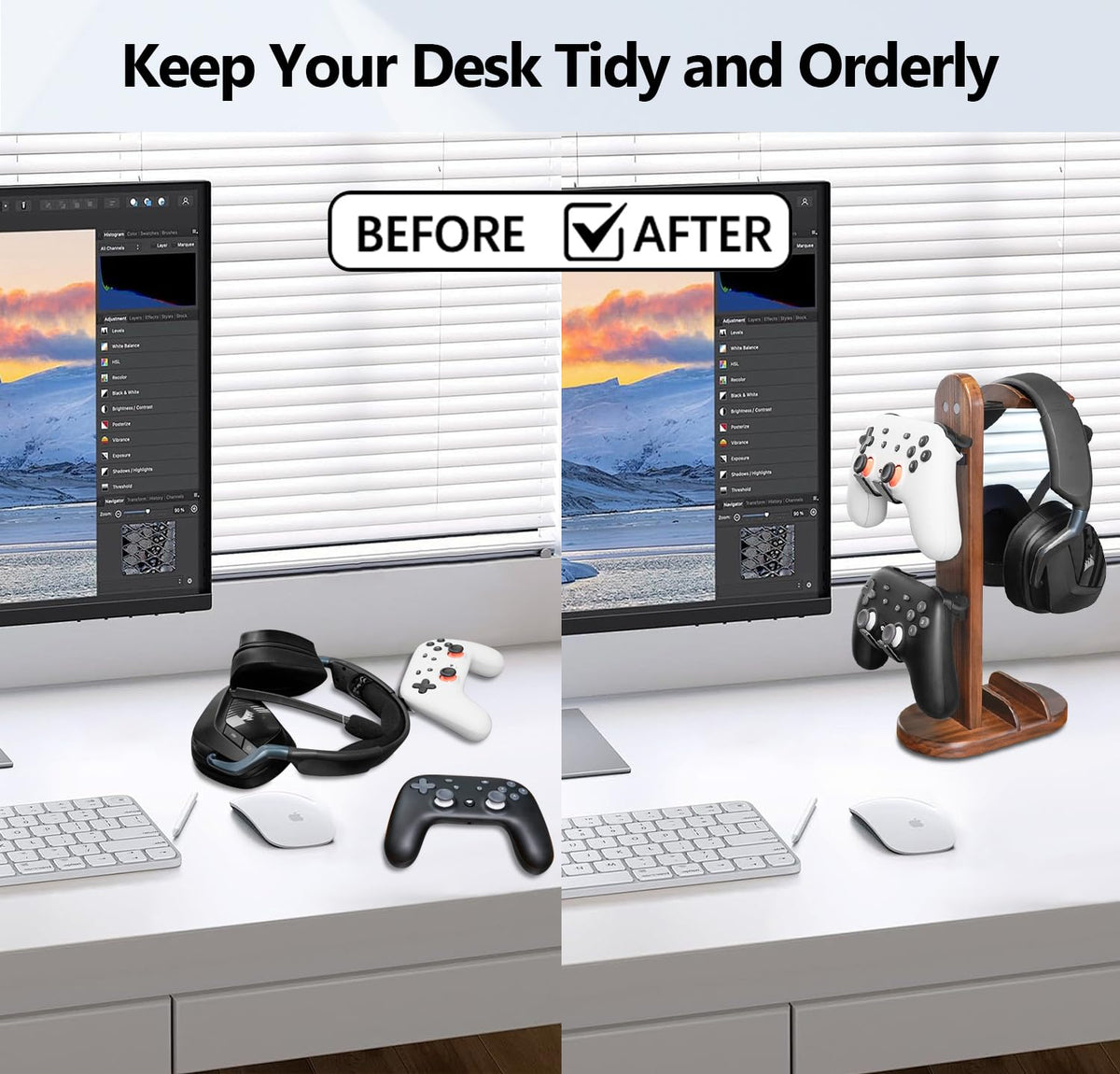 Controller Holder with Headphone Stand - Wood Gaming Controller Stand for Xbox PS5 PS4 Switch Pro, PC Gaming Accessories - Present Idea for Husband, Boyfriend, Gamers, Game Lover, Game Room Decor