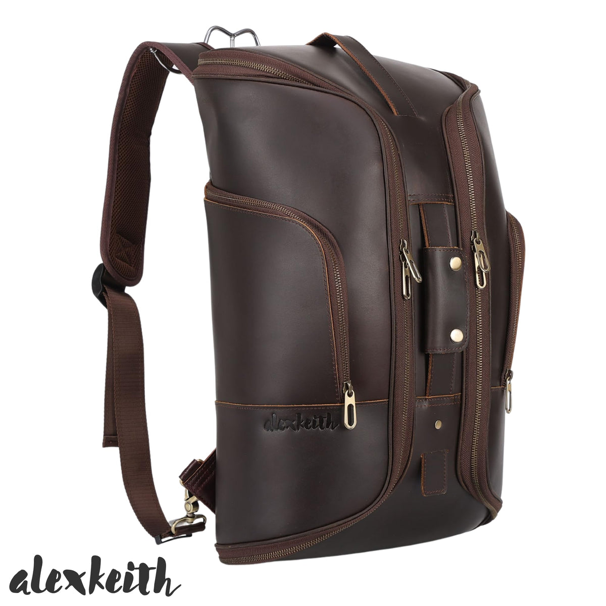 Alex Keith Full Grain Leather Weekender Bag for Men – Convertible Duffel Backpack, Carry-On Overnight Travel Bag - Vintage Dark Brown