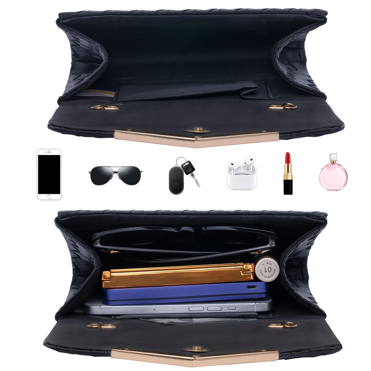 Larcenciel Clutch Purse for Women, Woven Black Leather Evening Bag w/Chain Strap, Formal Envelope Clutch Handbag, Elegant Crossbody Shoulder Party Bags for Wedding, Prom, Cocktail Night, Date, Dinner