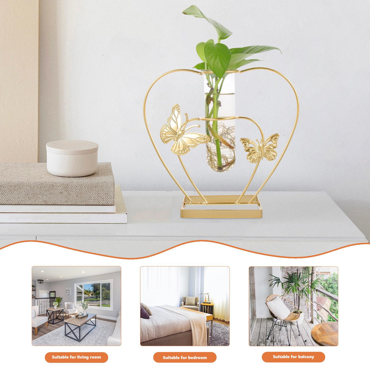 HOMSFOU Metal Framed Hydroponic Flower Vase Butterfly Pattern, Heart-Shaped Glass Plant Terrarium, Creative Home Décor for Living Room and Wedding Centerpieces