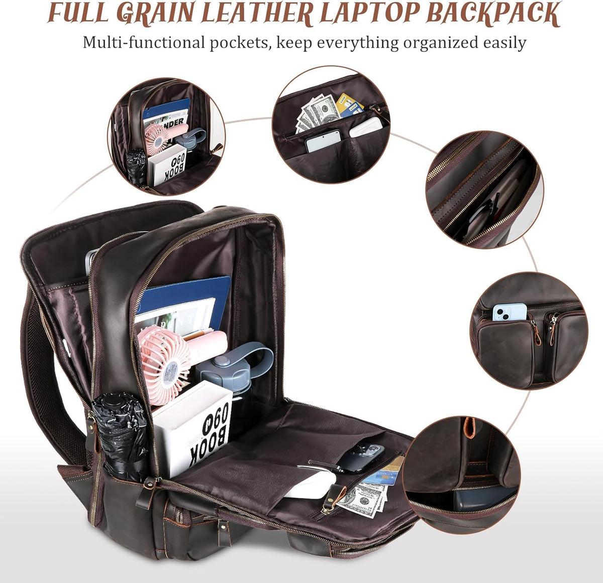 Fshsup Vintage Genuine Leather Backpack for Men 17.3" Laptop Bag Full Grain Leather Backpack Travel Weekender Hiking Shoulder Daypacks Overnight Weekender Rucksack