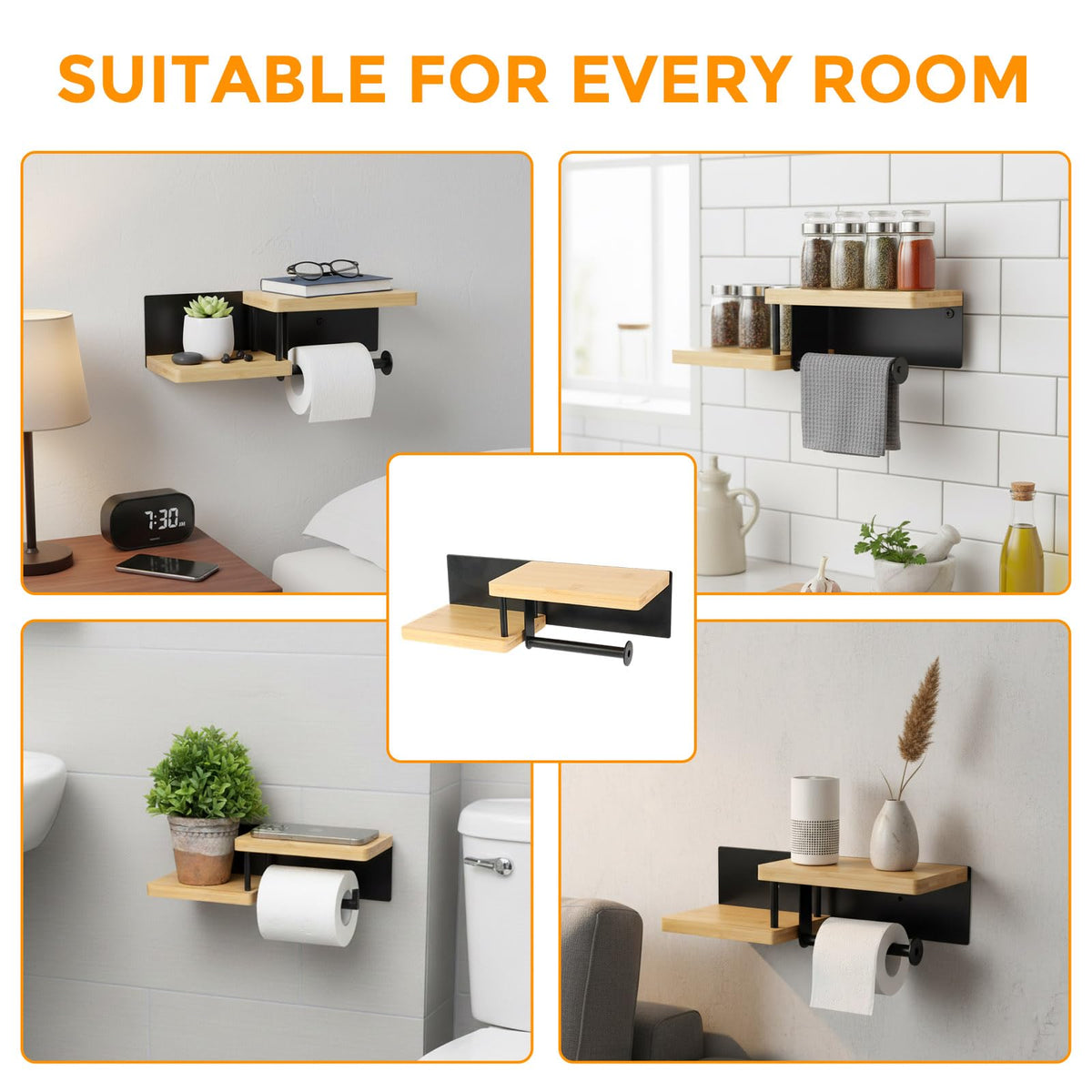 Toilet Paper Holder with Shelf, Wall Mount Toilet Paper Roll Holder with Wooden Shelf & Matte Black Stainless Steel Pipe, Bathroom Organizer for Roll Tissue, Phone, Wipes, Plant for Bathroom, Washroom