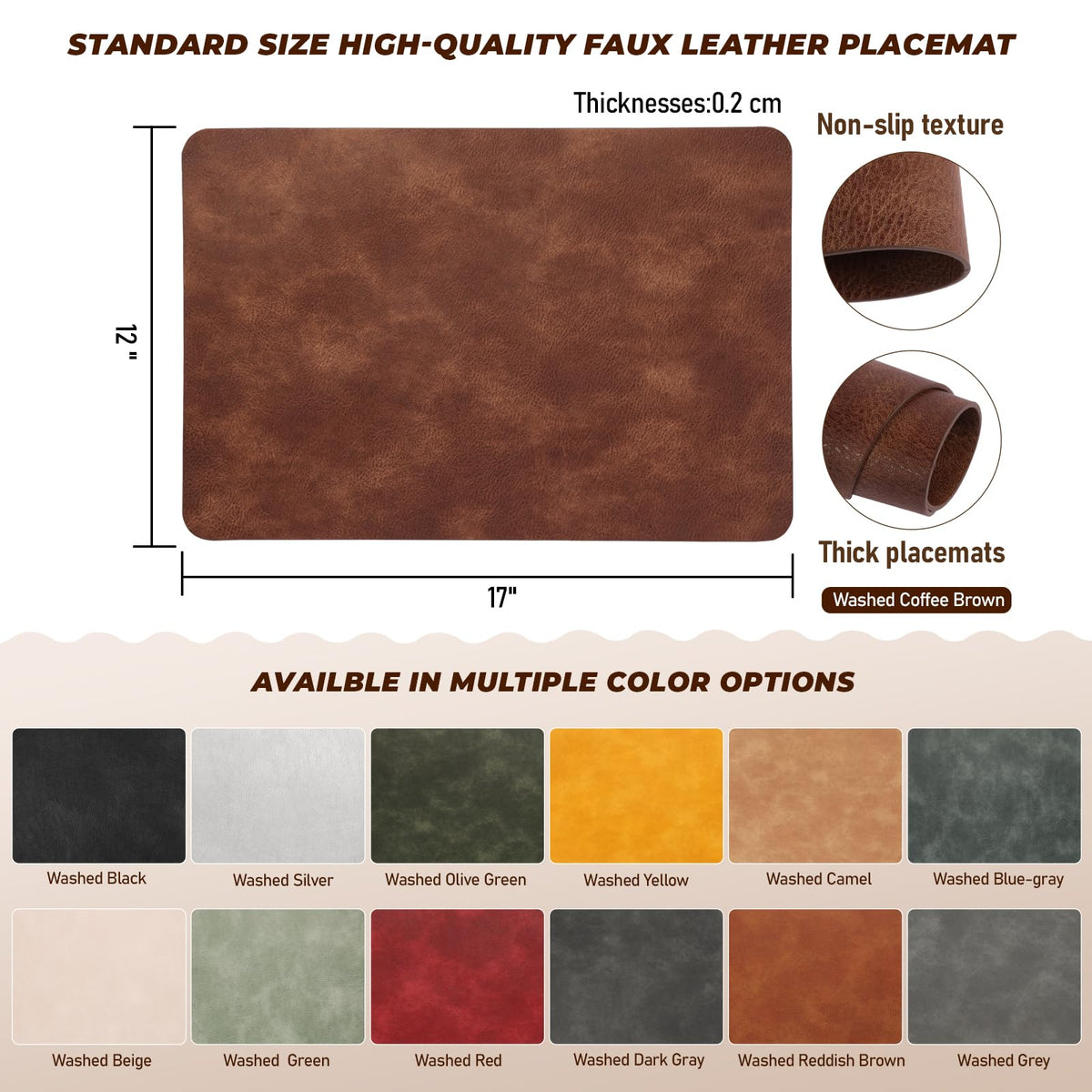 UnivoColors Placemats,Heat Resistant Placemats Set of 8 Washable 12 x 17 Inch,Waterproof Table Mats,Wipeable Pu Place Mats for Kitchen,Dining Room.Reddish Brown