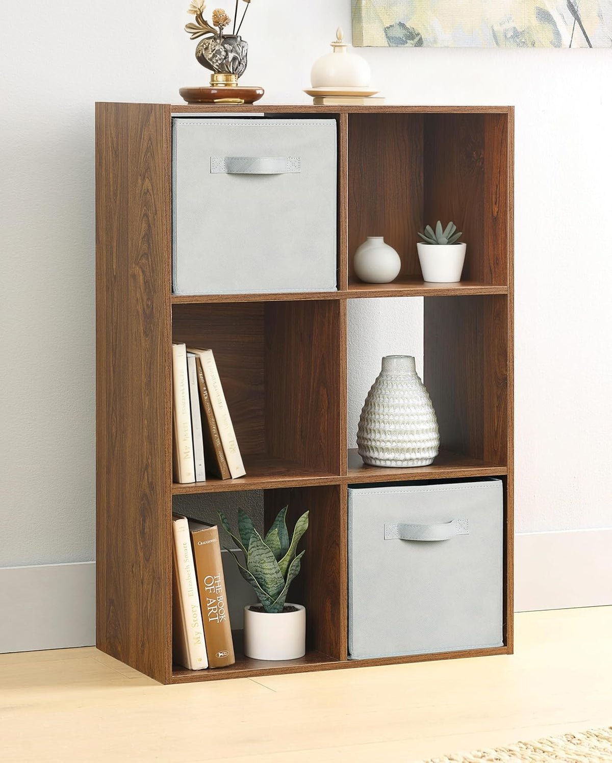 Whitmor 6 Cube Bookcase Storage Organizer, 3 Tier Stackable MDF Bookshelf, Open Storage Display Shelf, Storage Cabinet for Living Room, Bedroom, Home, Office, 23.9" L x 11.7" W x 35.5" H, Walnut