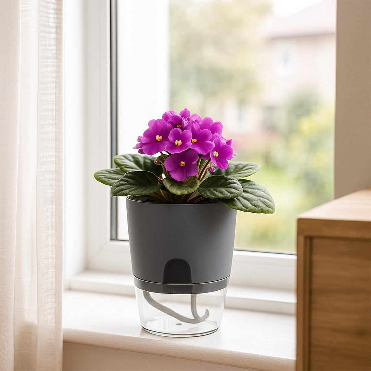5 Pack Self Watering Pots for Indoor Plants, PlanterHoma 4 Inch Plant Pot Plastic Self Watering Planter for Orchid, African Violet, Small Clear Flower Pots with Drainage Holes and Wicking Rope, Grey