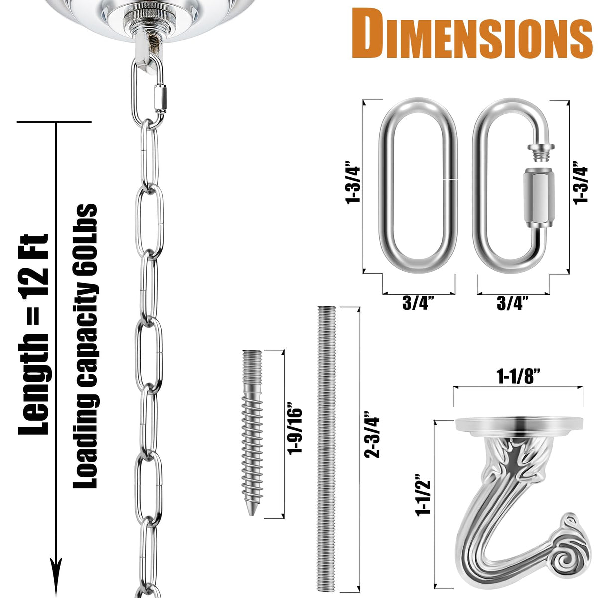 Omytie 12 Ft Heavy Duty Hanging Chain Kit with Connection Locks & Swag Ceiling Hooks for Lighting Fixture, Chandelier, Pendant, Lantern, Swag Lamp, Plant/Flower/Fruit Basket, Bird Feeder (Chrome)