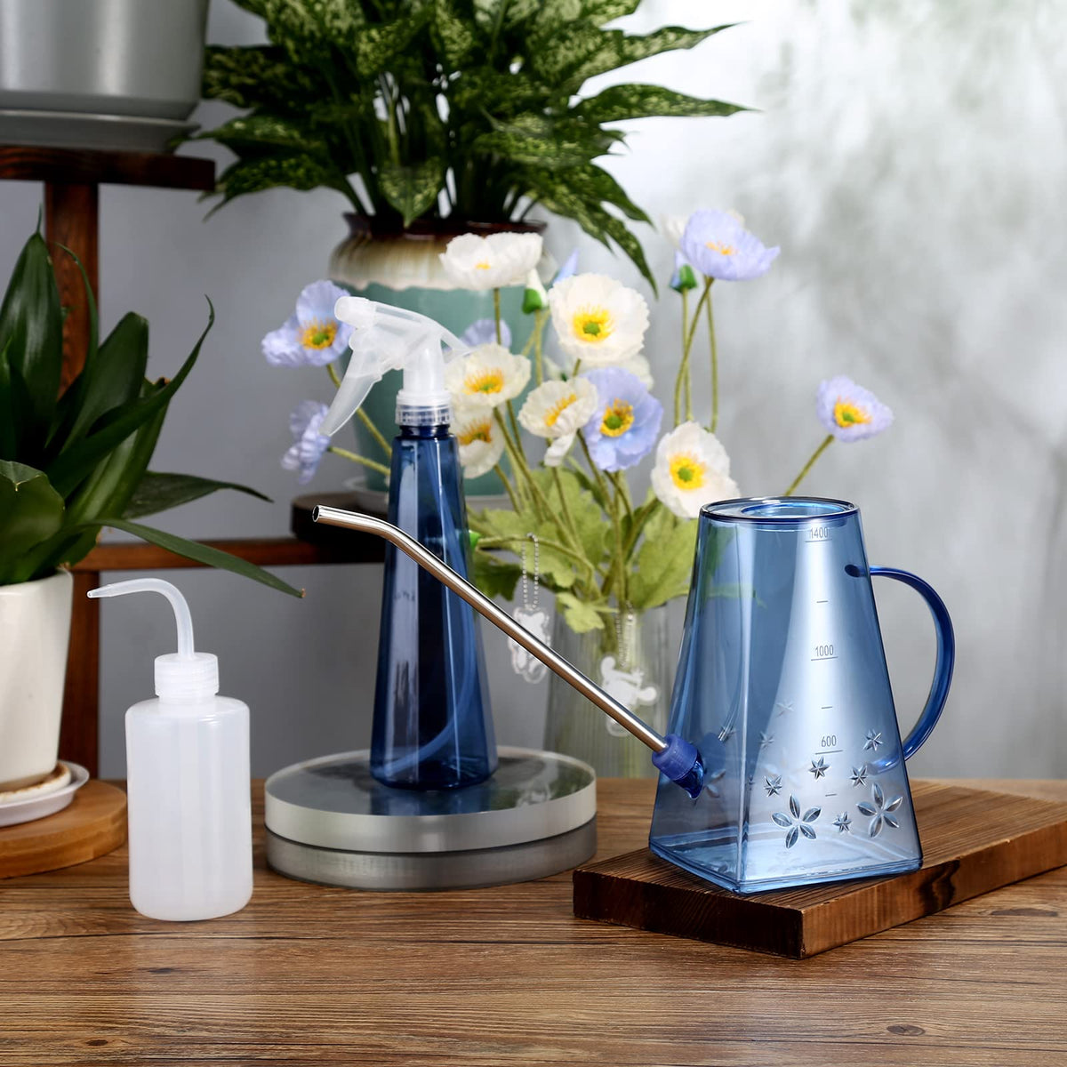 Goowin Watering Can Indoor Plants, 47 oz Long Spout House Plant Flower Watering Can, Creative Wide Opening Plastic Watering Can with 16 oz Spray Bottle & 8.5 oz Squeeze Bottle, Blue