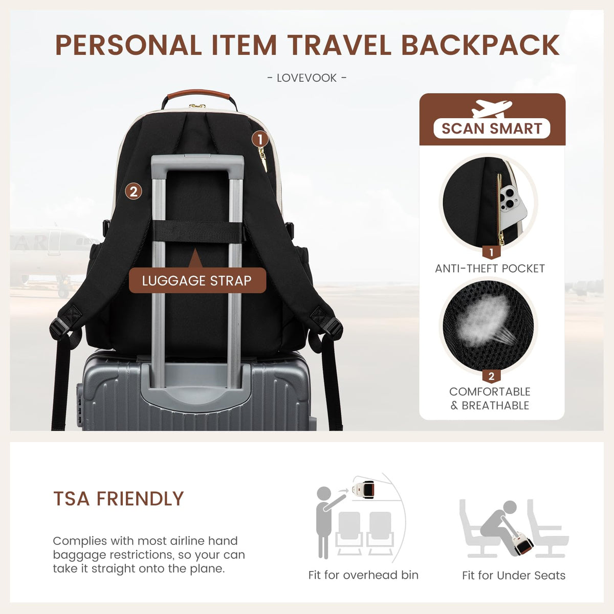 LOVEVOOK Laptop Backpack for Women with Pouch Pocket for Large Capacity Cup,17 Inch Laptop Computer Bag Travel Backpack Purse,Waterproof Work Business Backpack College Teacher Bags,Beige-Black-Brown