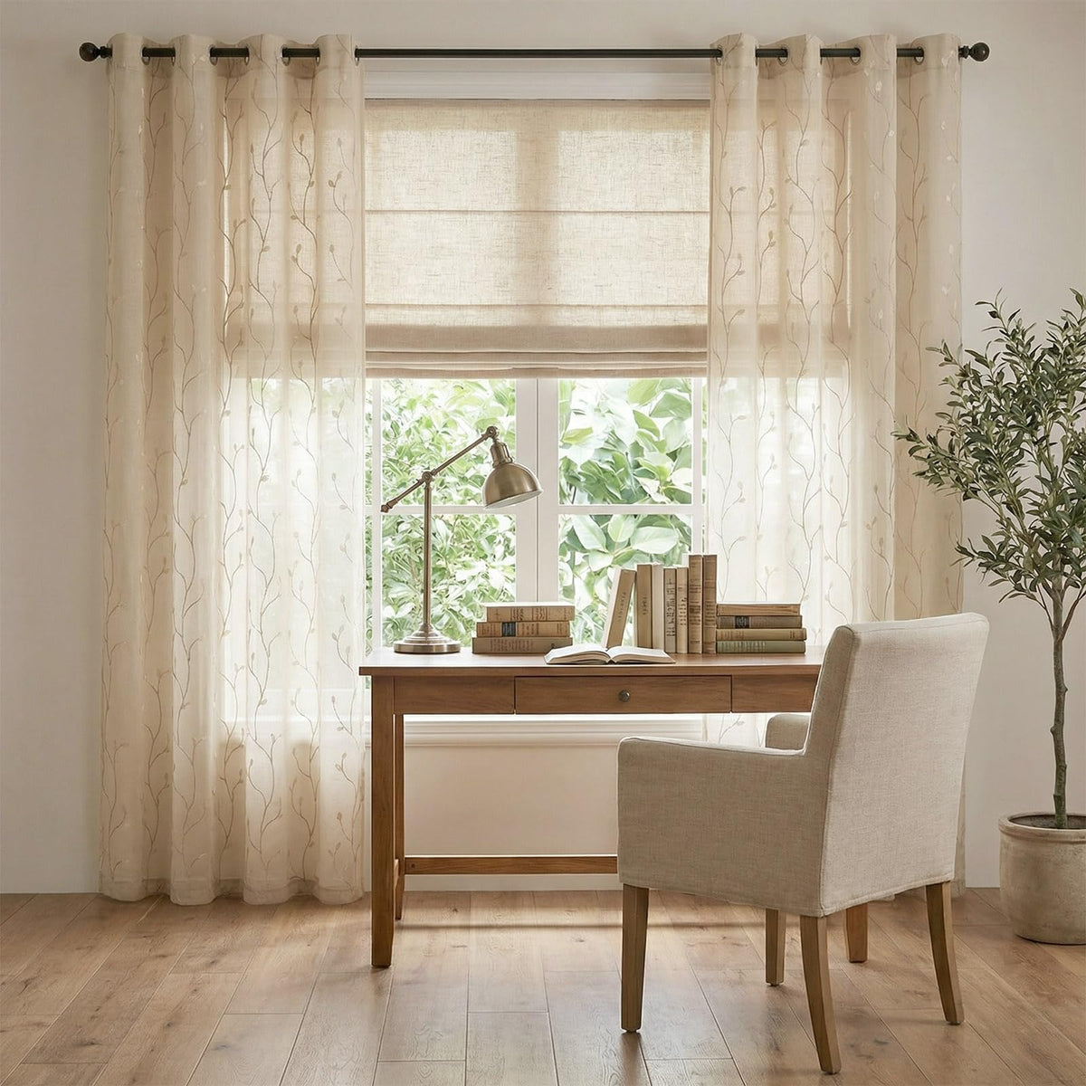 jinchan Sheer Curtains for Bedroom 96 Inch Length Leaf Embroidered Semi Sheers for Living Room Botanical Embroidery Voile Transparent Grommet Window Treatments 2 Panels