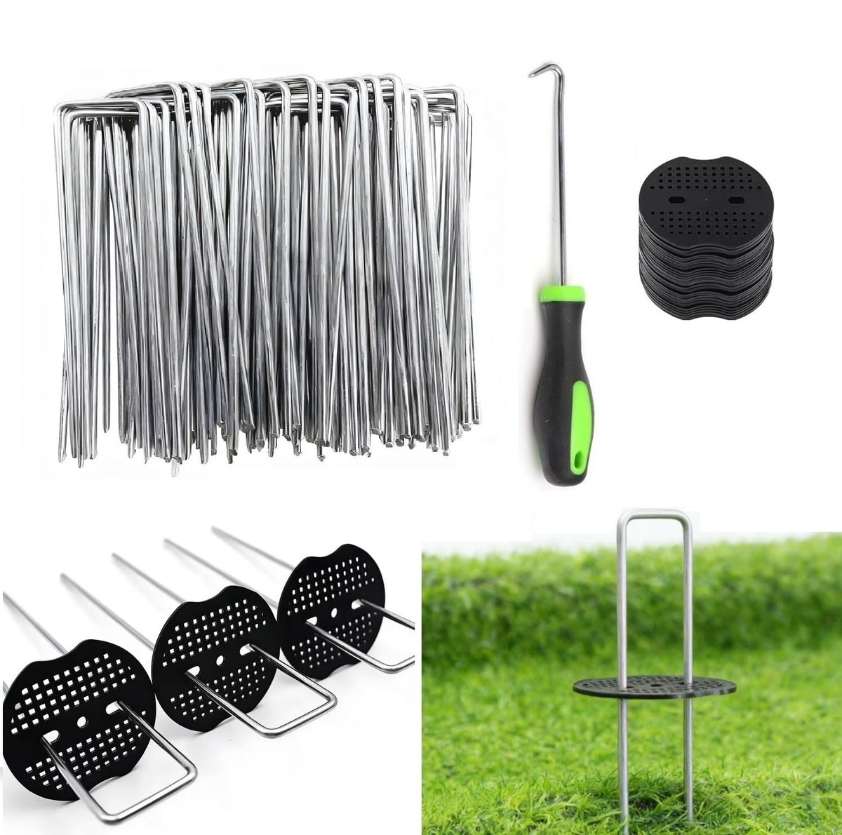 4 Inch 50 PCS Galvanized Landscape Staples with 50 PCS Gasket, Landscape Fabric Pins Stakes Lawn Ground Cover Graden Staples Spikes Weed Barrier Stakes