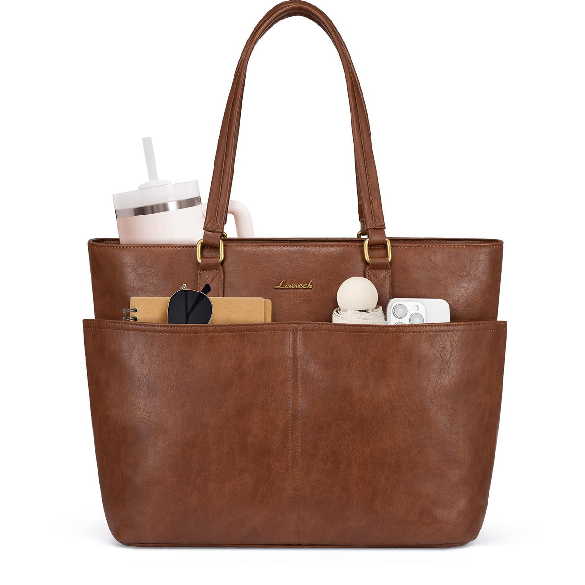 LOVEVOOK Work Tote Bag for Women, Vintage Leather 17.3 Inch Laptop Bags with Large Cup Holder, Teacher Nurse Medical Professional Computer Bag, Office Briefcase Handbag Gift