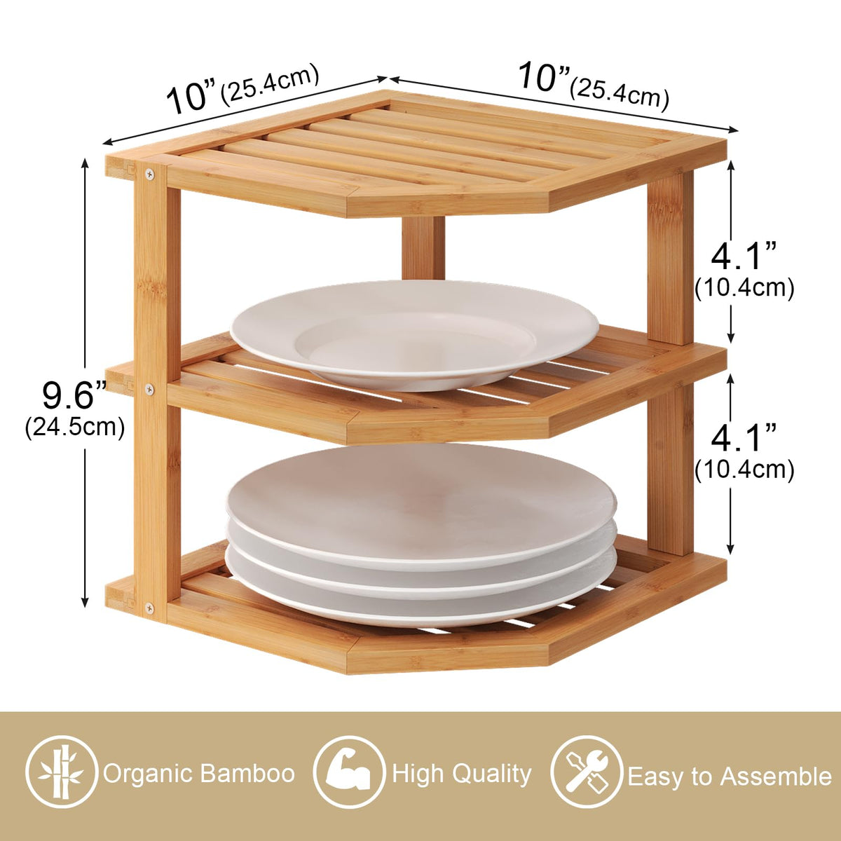 VERTORGAN 3 Tier Bamboo Corner Shelf(2 Pack),Plate Organizer,Dish Drying Rack,Kitchen Spice Rack for Countertop and Cabinet