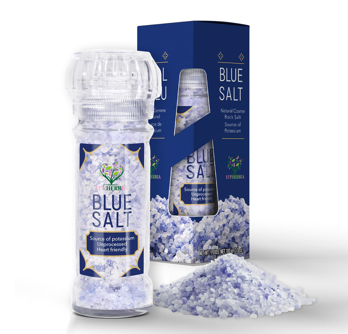 EUPHERBIA Blue Salt, Coarse, Rare Mineral Salt, High Potassium, Lower Sodium, Natural, Unprocessed, Hand Harvested, Kosher Certified (100g with Grinder)