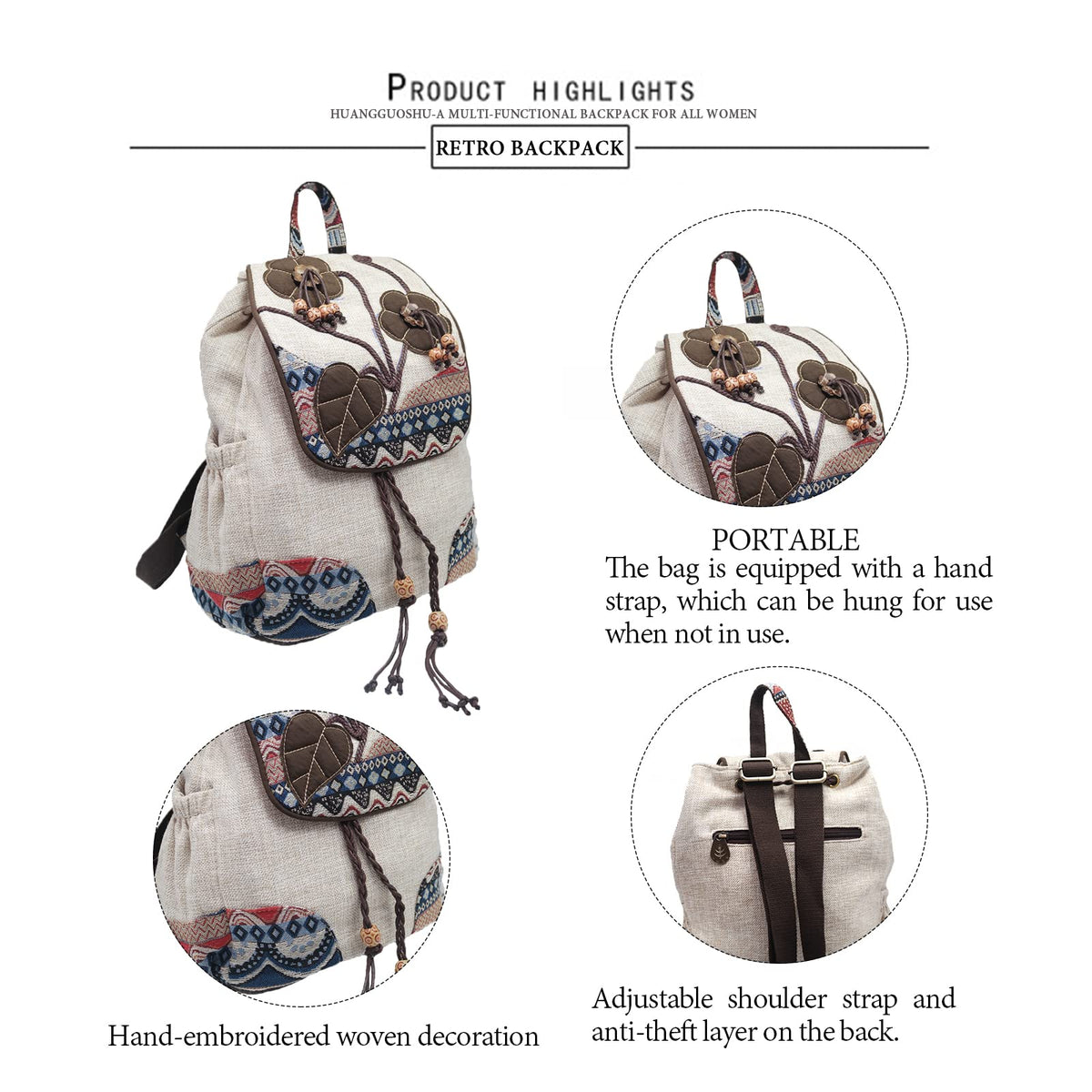 HUANGGUOSHU Backpack Purse For Women Casual Vintage Drawstring Back Pack Bohemian Travel Boho Hand-Held Flap Hand-Embroidered Backpack