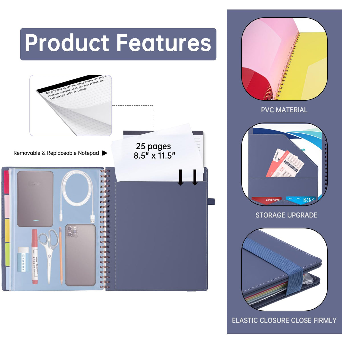 HAUTOCO Spiral Leather Clipboard Folio with Notepad (8.5 x 11''), 5 Folders with 10 Pockets, Storage Zipper Pouch, Pen Loop, 39 Stickers, Padfolio Organizer for Work School, Purple Gray