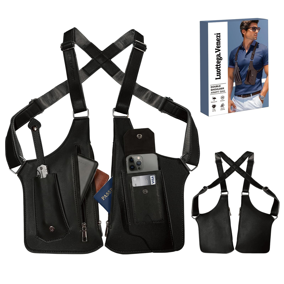 Double Shoulder Armpit Bag,Underarm Shoulder Bag for Men, Anti-Theft Underarm Wallet Pocket Holster Phone Leisure Double Shoulder Pouch,Multi-Purpose Armpit Tactical Bag,Travel Outdoors Easter (Black)