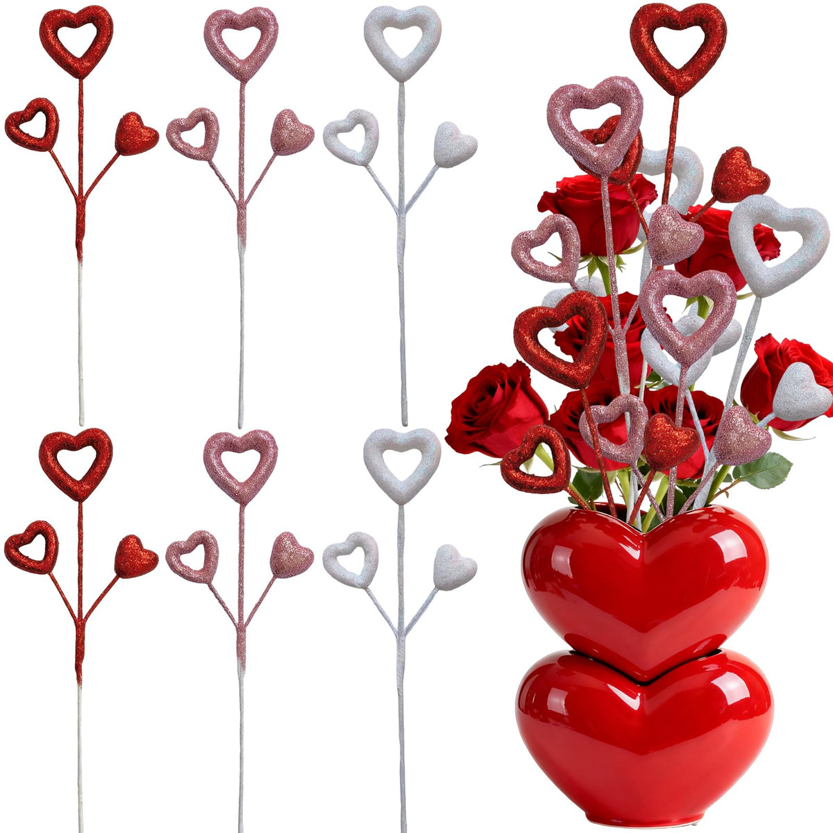 6 Pcs Glitter Heart Picks Valentine's Day Puffy Foam Hearts Floral Sparkly Sticks for Valentine Wedding Arrangements Party Vase Floral Bouquet Crafts Table Centerpiece Decorations