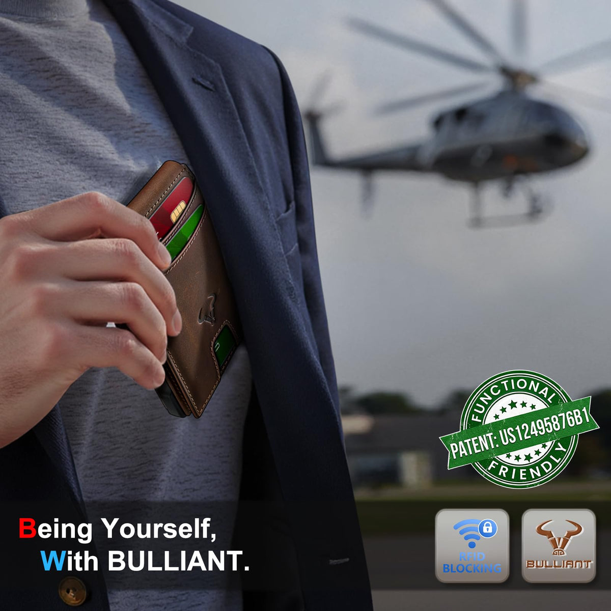 BULLIANT Men Full Grain Leather Wallet, Metal Wallet Money Clip Magnetic Flip 13 Cards Pop-up Access Simplifed Bill Folder
