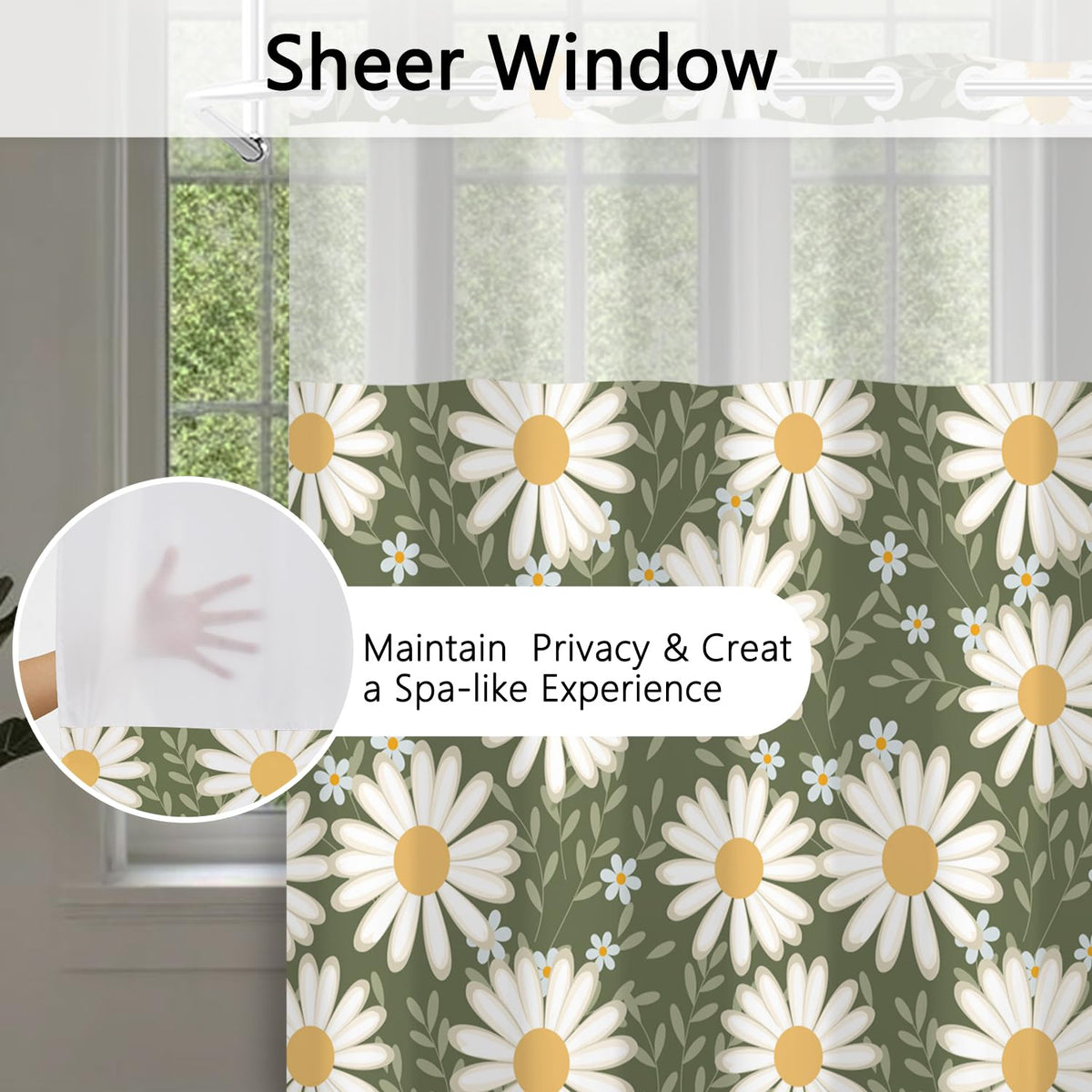 NAEMBCU No Hooks Daisy Shower Curtain with Snap in Liner, Green & White Daisy Floral Shower Curtains for Bathroom, Waterproof Cloth Fabric with See Through Mesh Top Window, 71x74 Inch