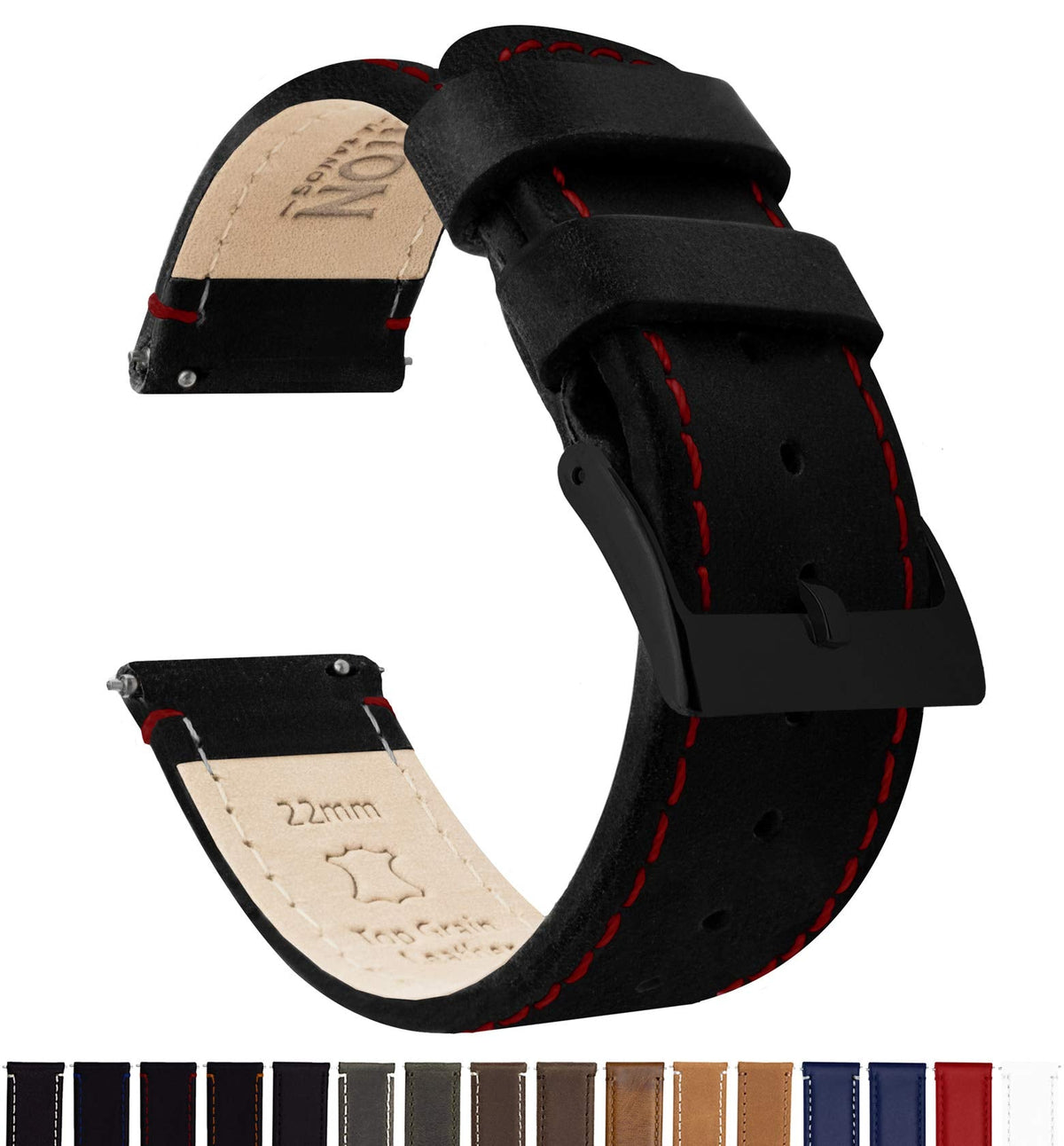 BARTON WATCH BANDS Quick Release Top Grain Leather Watch Band Strap, Black Leather/Red Stitching (Black Buckle), 20mm