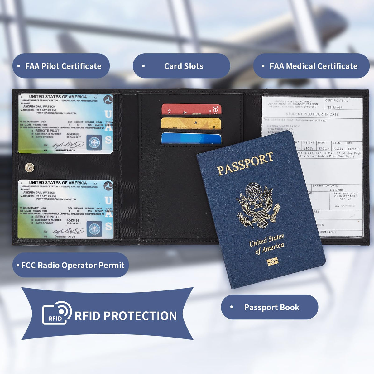 Pilot Wallet Passport Holder for Travel - RFID Blocking Genuine Leather Travel Document Holder with Gift Box Passport Wallet for Pilots Men and Women