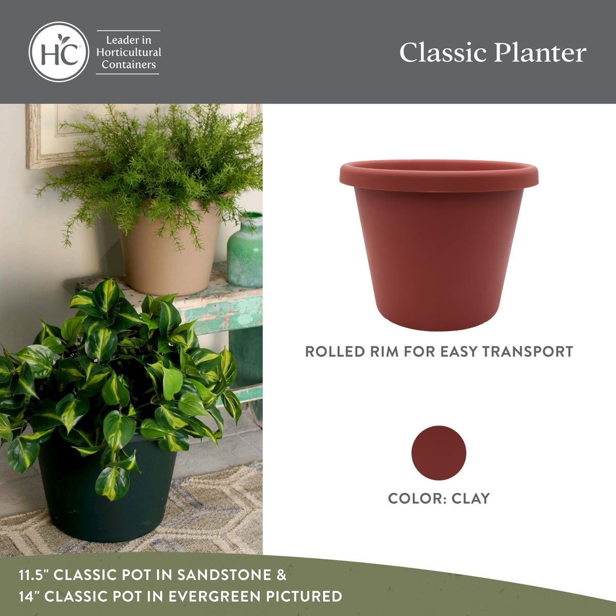 The HC Companies 11.5 Inch Classic Round Planter Pots with Drainage, Rolled Rim Plastic Planters for Indoor & Outdoor Plants, 2-Pack Decorative Flower Pots for Garden, Office & Home Decor, Clay
