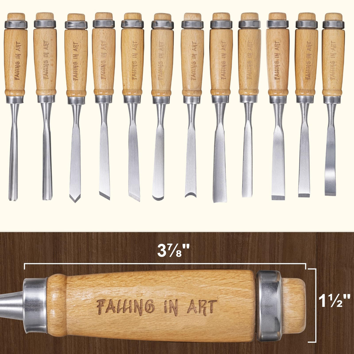 Falling in Art 12Pcs Wooden Carving Chisel Set, Woodworking Tools Set with a Leather Pouch, Full Size Knife Gouge Kit for Carving Projects, Ideal for Beginners and Professionals