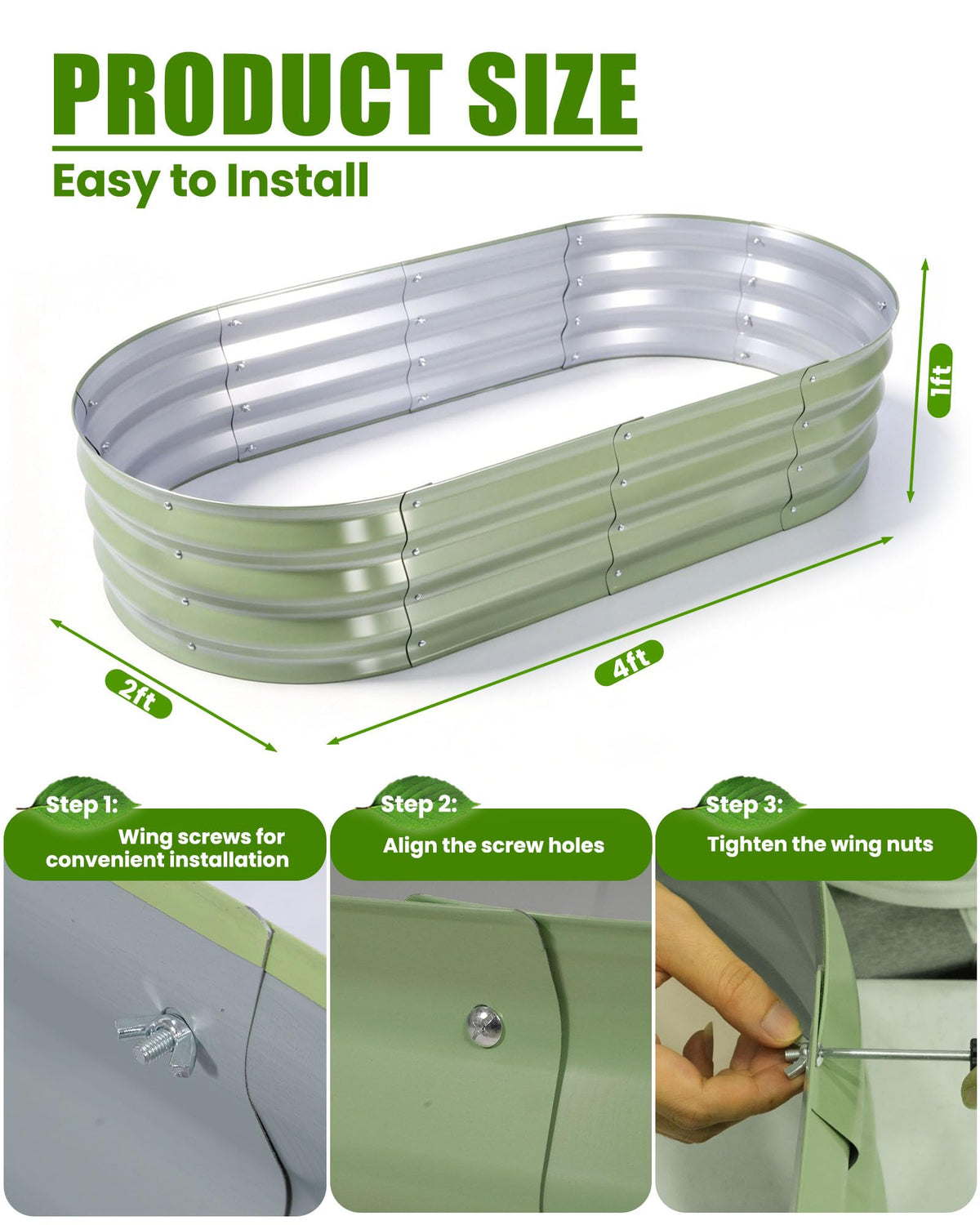 Bloyapix Galvanized Raised Garden Bed Outdoor, 1 Pcs 6x3x1ft Oval Metal Planter Box for Planting Plants Vegetables, Silver (Green-4x2x1ft-2Pcs)