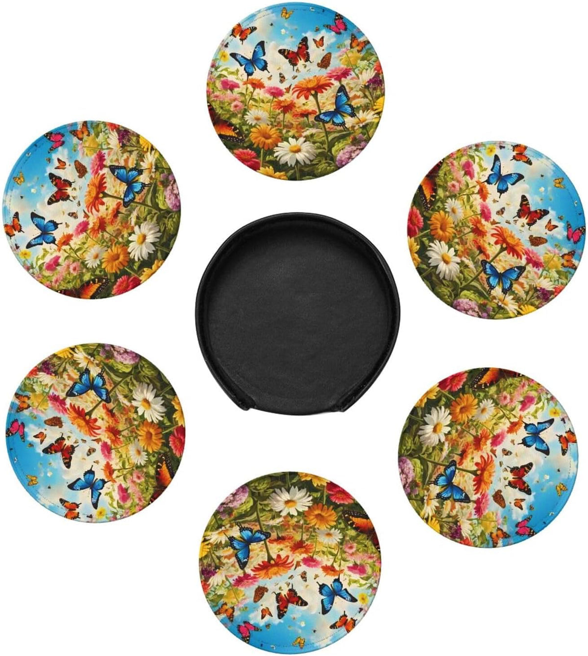 BOXIMIAO Drink Coasters with Holder Stand Set of 6, Bright Flower Butterfly Pu Leather Absorbent Coasters with Cork Base Table Coaster Round Coasters for Housewarming Apartment Kitchen Bar Decor