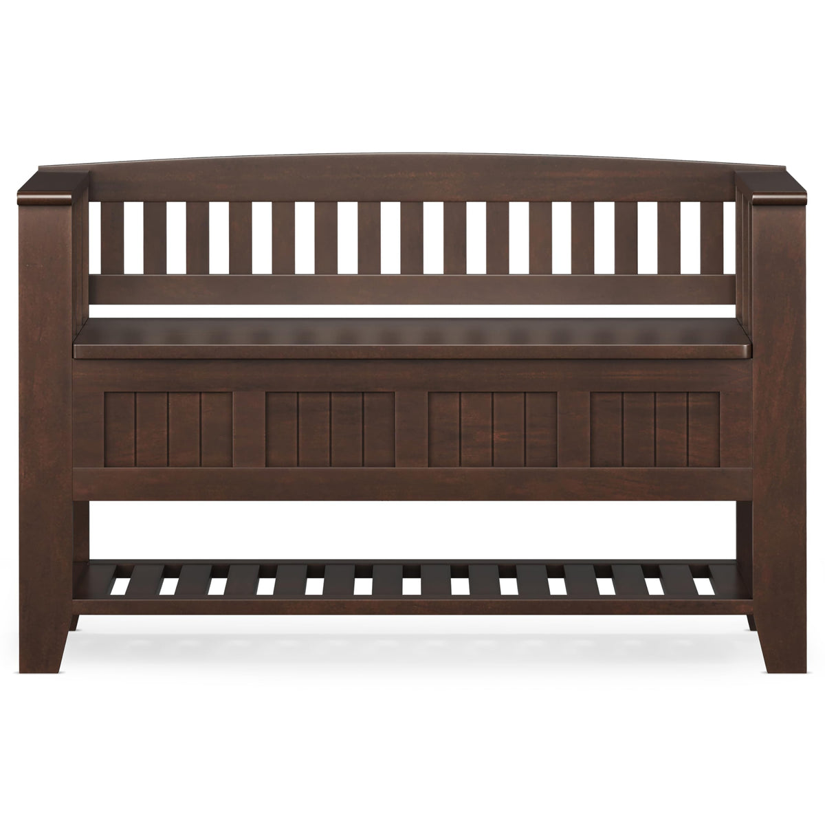 SIMPLIHOME Acadian Entryway Storage Bench - 48 inch Wide Solid Wood Hallway Seat with Shelf in Brunette Brown, Transitional Bench for Entryway or Living Room with Open Storage and Slatted Bottom