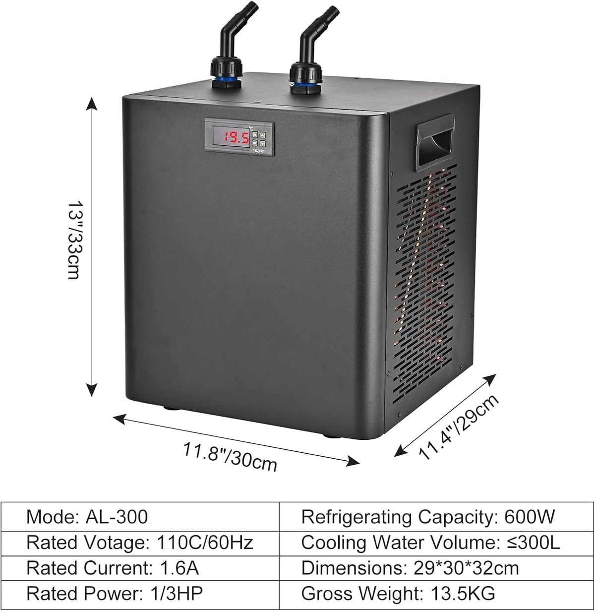 Water Chiller for Cold Plunge 79 Gal, 1/3 HP Aquarium Chiller, Cooling System with Quiet Pump and 3M Pipe for Fish Tank, Hydroponics, Freshwater Saltwater Fish, Coral, Shrimp, Jellyfish, 110V, 300ml
