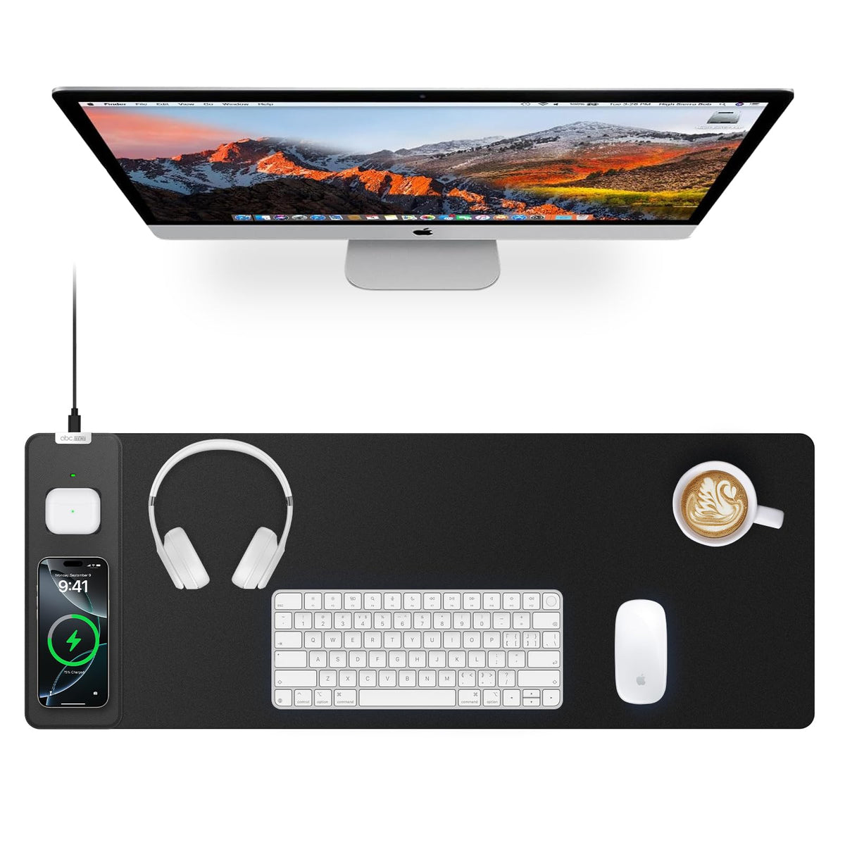 Magnetic Wireless Charging Mouse Pad, 27.5"x11.8" Gaming Desk Mat with Superior Stitched Edges, Non-Slip Base, Waterproof Smooth Desk Writing Pad for Gamer, Office & Home, Black