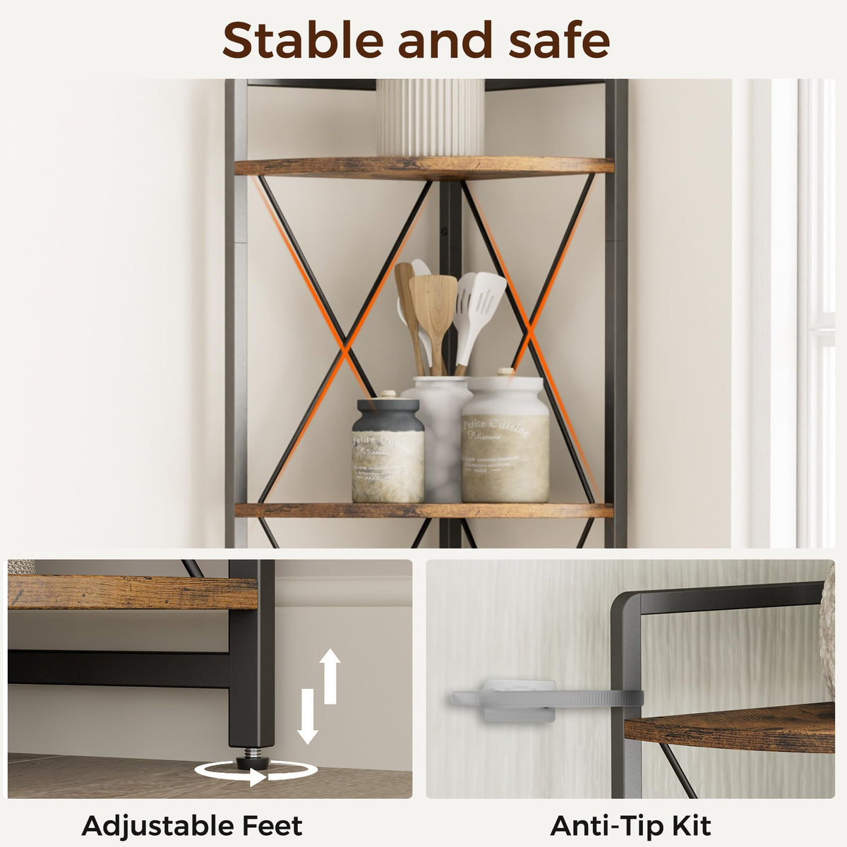 Cerlyunzan 5 Tier Corner Shelf Stand, 64" H Tall Industrial Corner Bookshelf for Living Room Decor, Metal Corner Shelf, Plant Stand Display Shelf for Bedroom, Bathroom, Small Space, Rustic Brown