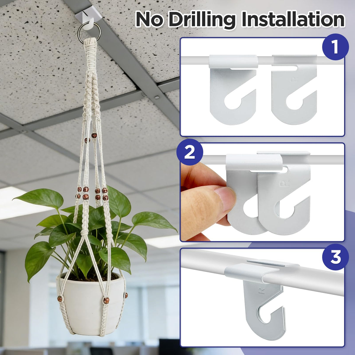 CollectHall 2 Pack Macrame Plant Hanger with Drop Ceiling Hooks, Hanging Planter with Wooden Bead, No Tassels for Indoor Outdoor Boho Office Classroom Decor, 35 Inches (Pots Not Included)