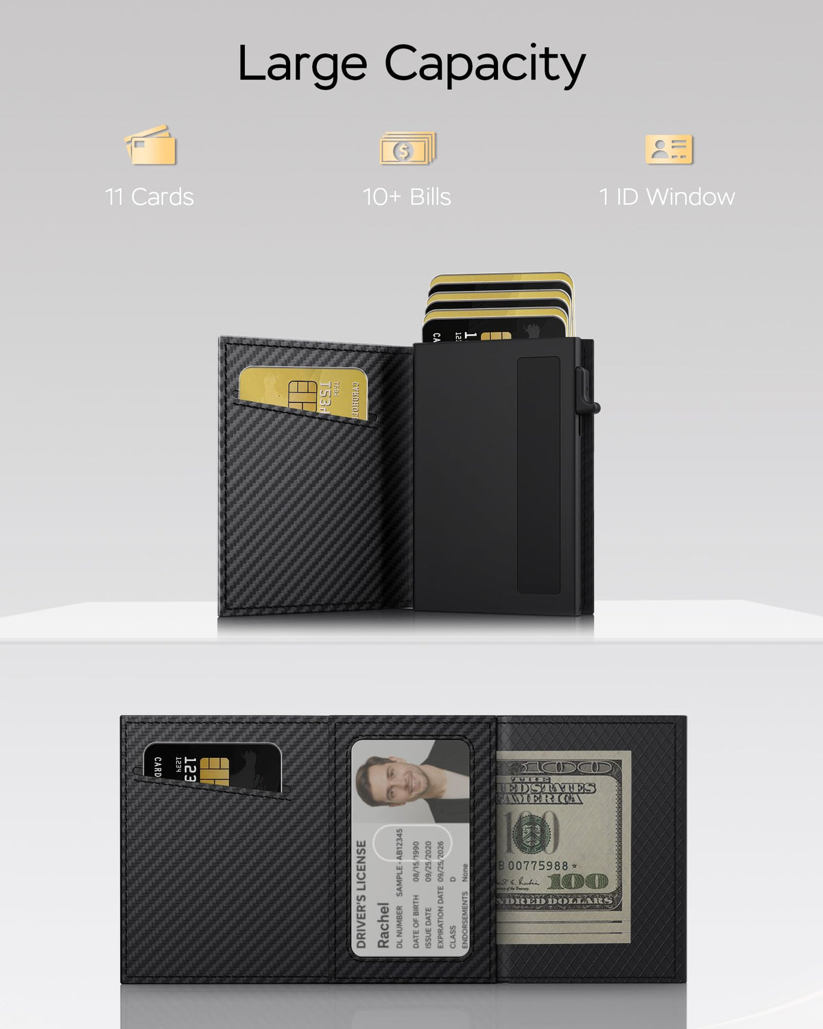 RFID Wallet for Men with Smart Pop Up Card Holder, Trifold Slim Minimalist Front Pocket Wallet with Metal Case ID Window Cash Slot & Magnetic Closure, 11+ Cards 10+ Bills Capacity, Gift for Men / Him