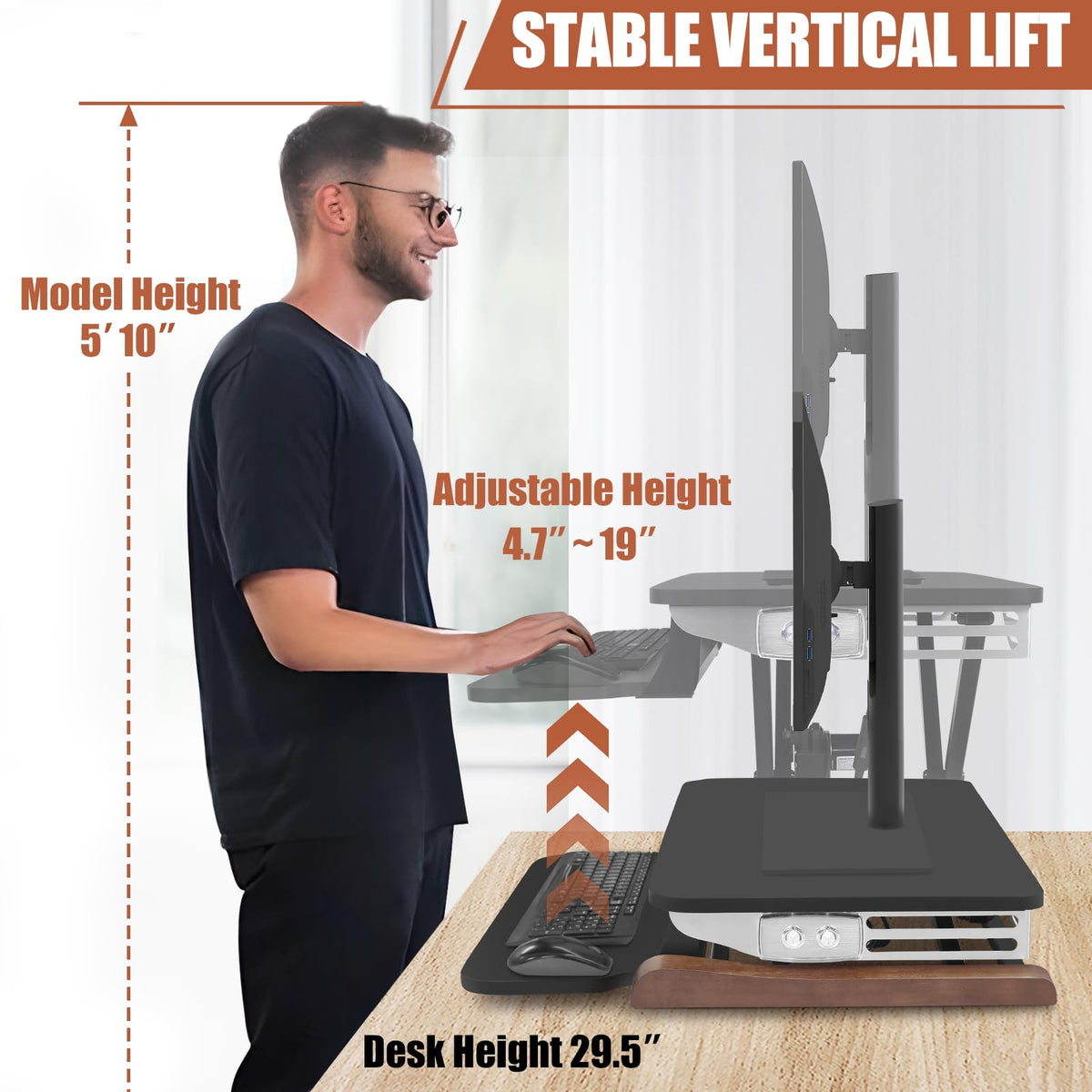 Electric Standing Desk Converter with Keyboard Tray, 26x16 Inch, Height Adjustable Sit to Stand Desk Riser with Unique Side Cover and Wooden Feet, Small Motorized Monitor Riser for Office & Home