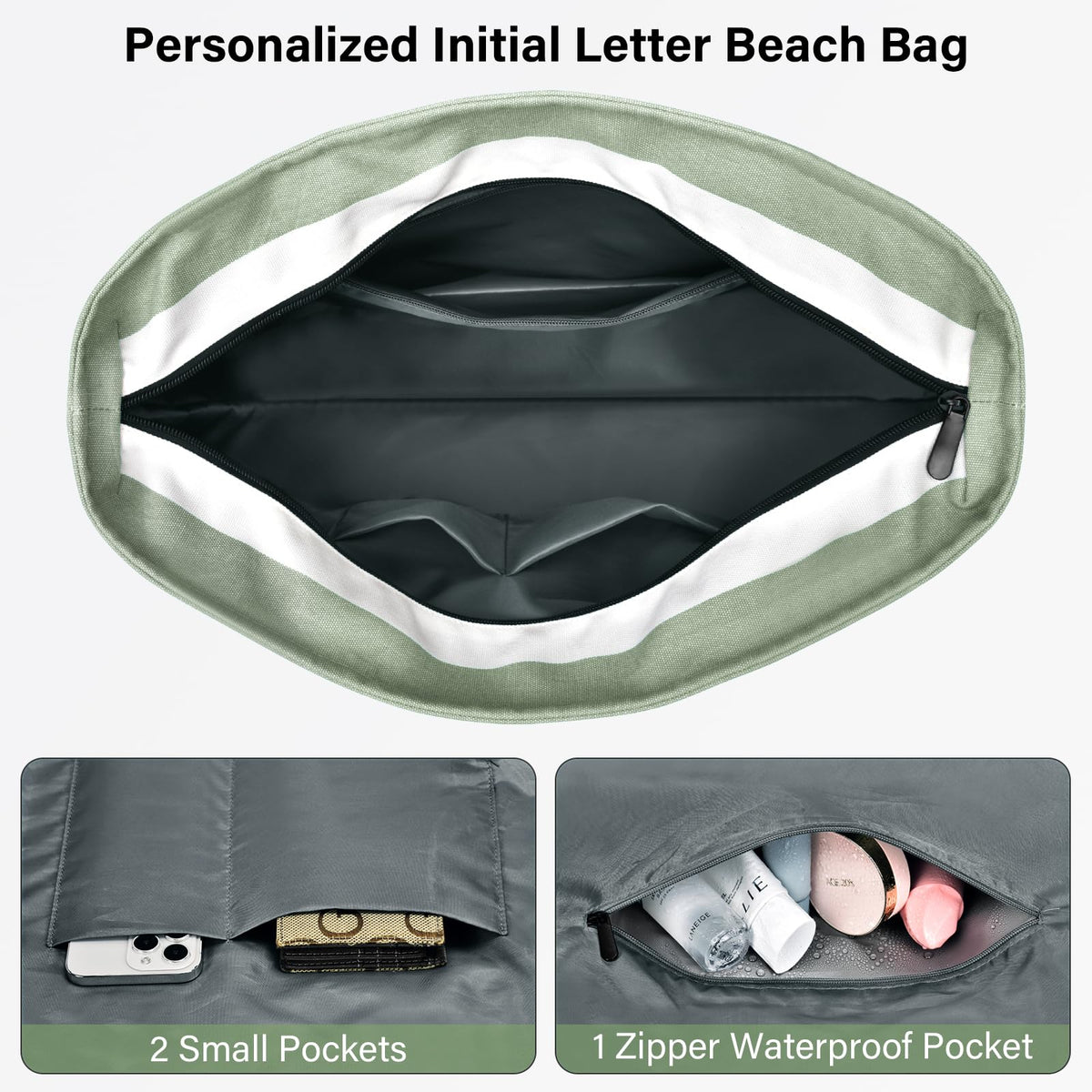 Becokan Beach Bag Initial Beach Tote with Makeup Bag for Travel, Work, Storage Personalized Birthday Gifts for Women Her (Plain, Light Green)